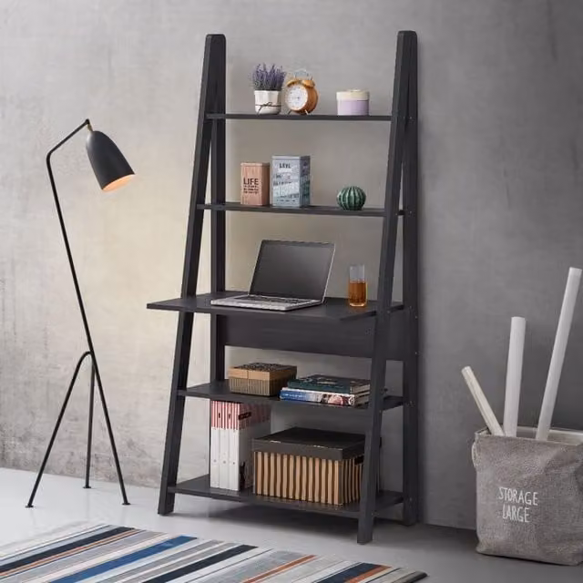 Timber Art Design Riva Tall Ladder Desk Bookcase with 5 Tier Shelves in Black – 1