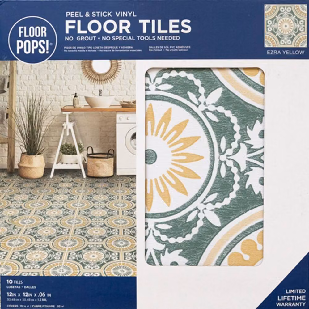 FloorPops Ezra Yellow Self Adhesive Mediterranean Tile Look Vinyl Floor Tiles, Pack of 10 (0.93sqm), W/D/H: 30.48 x 30.48 x 30.48 cm – 2