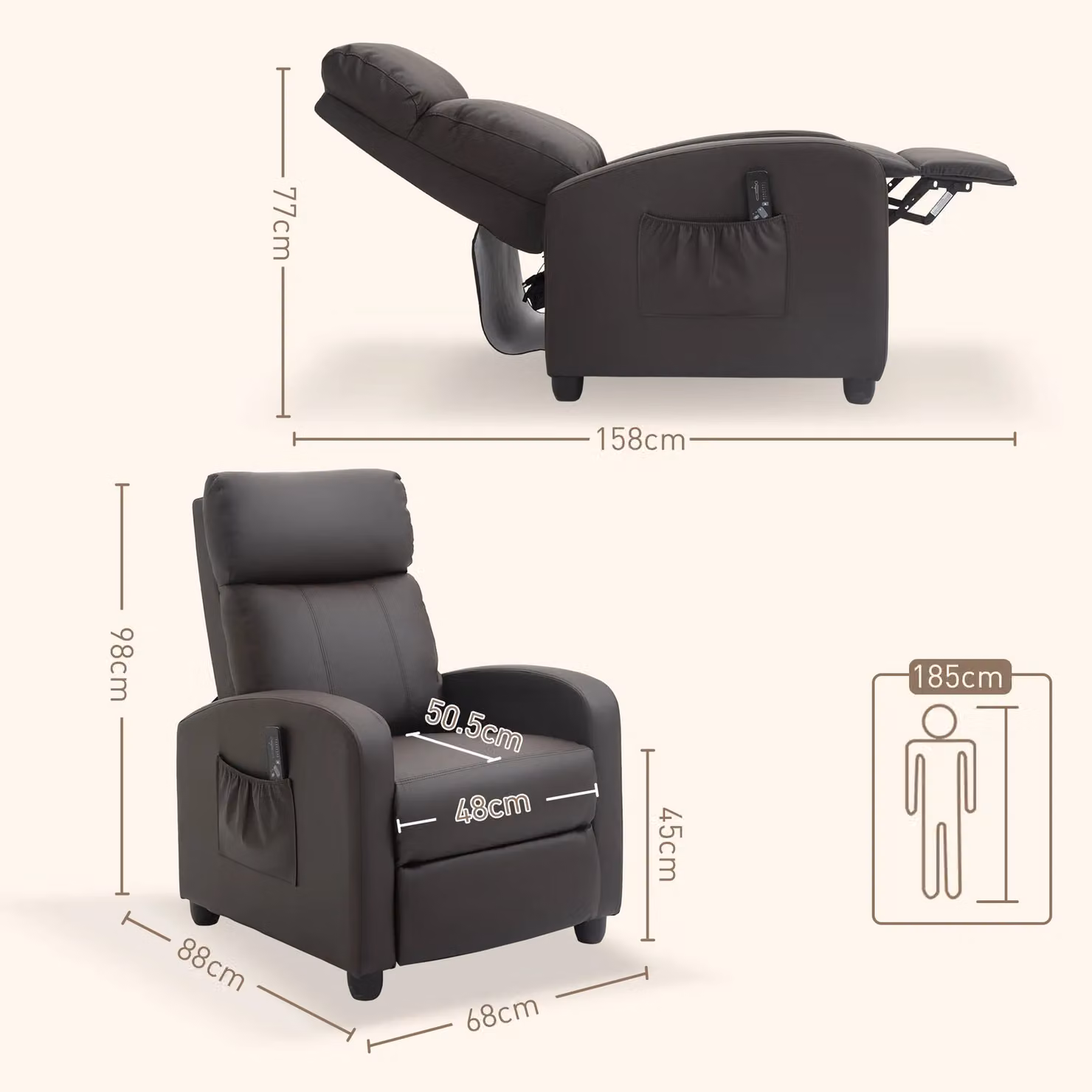 HOMCOM Brown PU Leather Massage Recliner Armchair with Remote Control – 3