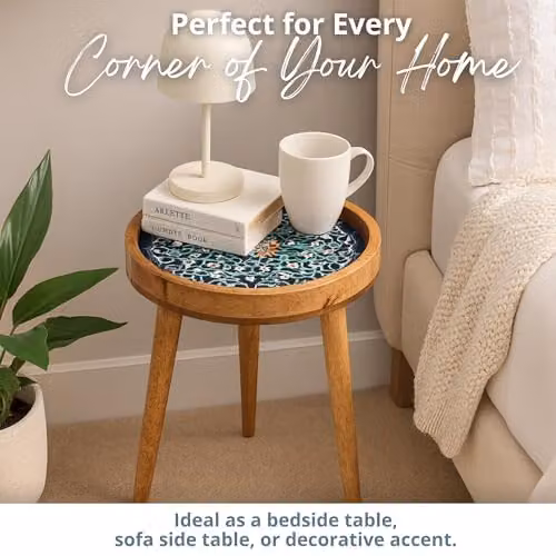 Hartsmede Marrakesh Round Mango Wood Side Table with Blue Glossy Enamel Top, W/D/H: 38 x 38 x 45.72 cm – 2