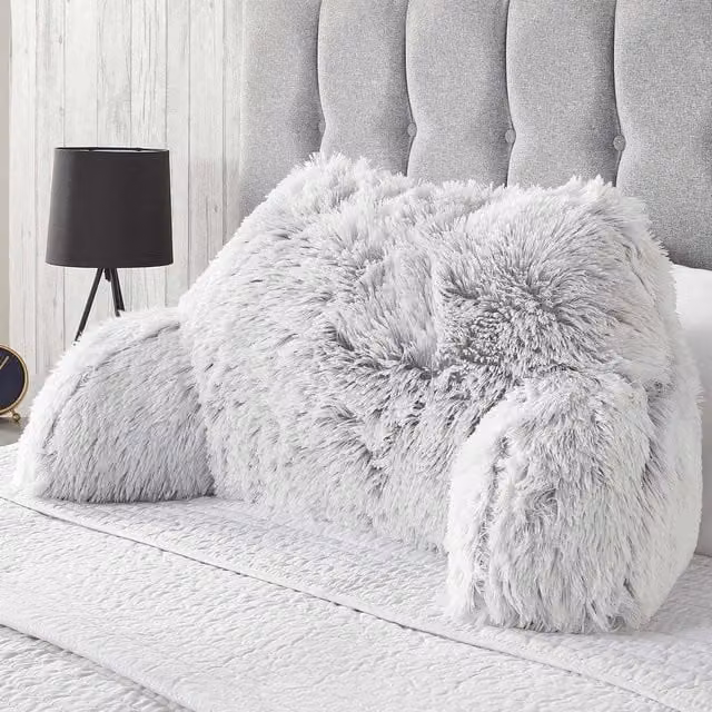 OHS Fluffy Fleece Reading Cushion Pillow with Arms and Lumbar Support in Grey