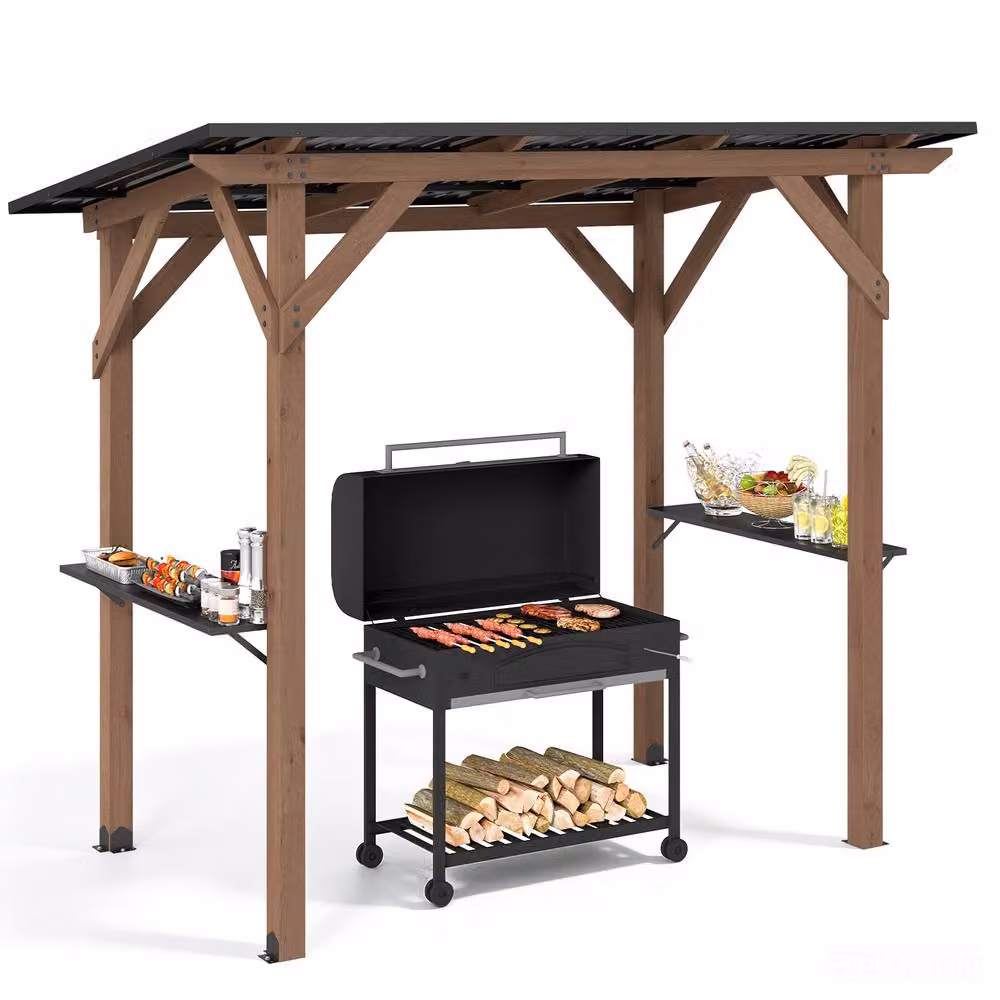 Costway Brown Cedar Wood BBQ Grill Gazebo with 2 Side Serving Shelves, W/D/H: 262.86 x 223.52 x 151.13 cm – 3