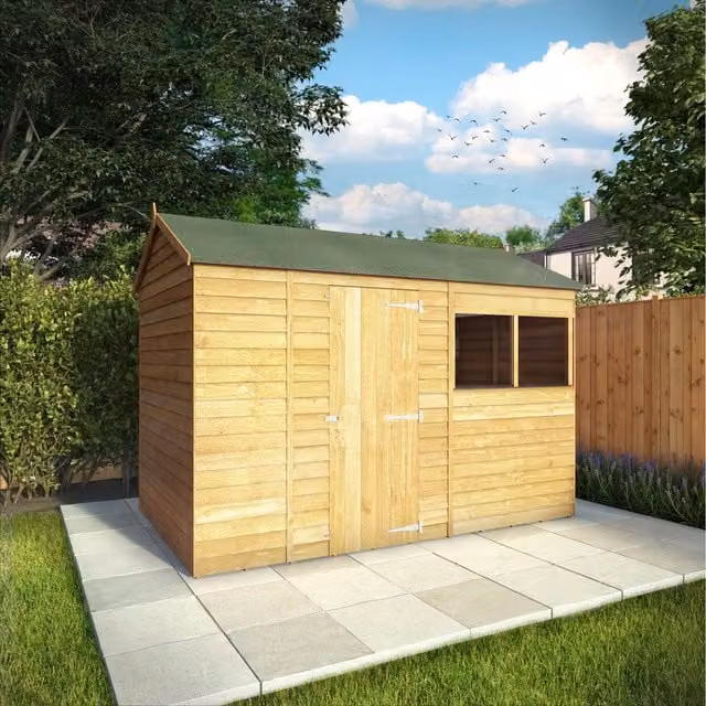 Waltons Brown Wooden Overlap Reverse Apex Roof Garden Storage Shed with Window and Single Door, W: 304.8 cm, D: 182.88 cm, H: 221.8 cm