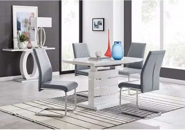 FurnitureboxUK Renato Grey High Gloss Extending Rectangular Kitchen Dining Table and 4 Lorenzo Chairs