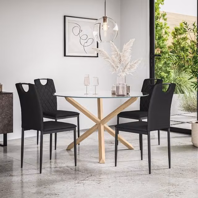 More4Homes Malvern Round Glass Dining Table with Oak Legs and 4 Black Monza Faux Leather Chairs, Diameter: 120 cm, Height: 75 cm