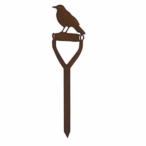 RUSTIC WAREHOUSE NORFOLK Blackbird on a Spade Metal Garden Decoration in Black and Brown – 1