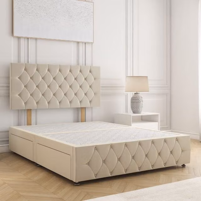 BSSPOKE Mulberry Small Double Divan Bed in Cream Velvet with 24 inch Headboard and 2 Drawers, W/D/H: 120 x 200 x 30.48 cm