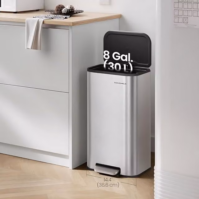 The Bazaarist Steel Kitchen Pedal Bin with Soft Close and Removable Inner Bucket, Silver, H: 60.8 cm x W: 36.6 cm x D: 30.0 cm