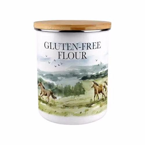Purely Home Wild Horses Gluten-Free Flour Canister, 2.7 l Green and White Enamel Airtight Storage Container