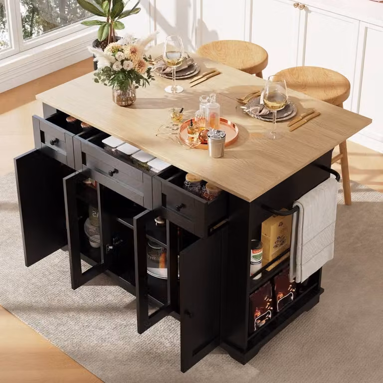 ModernLuxe Mobile Kitchen Island with Extendable Top in Black