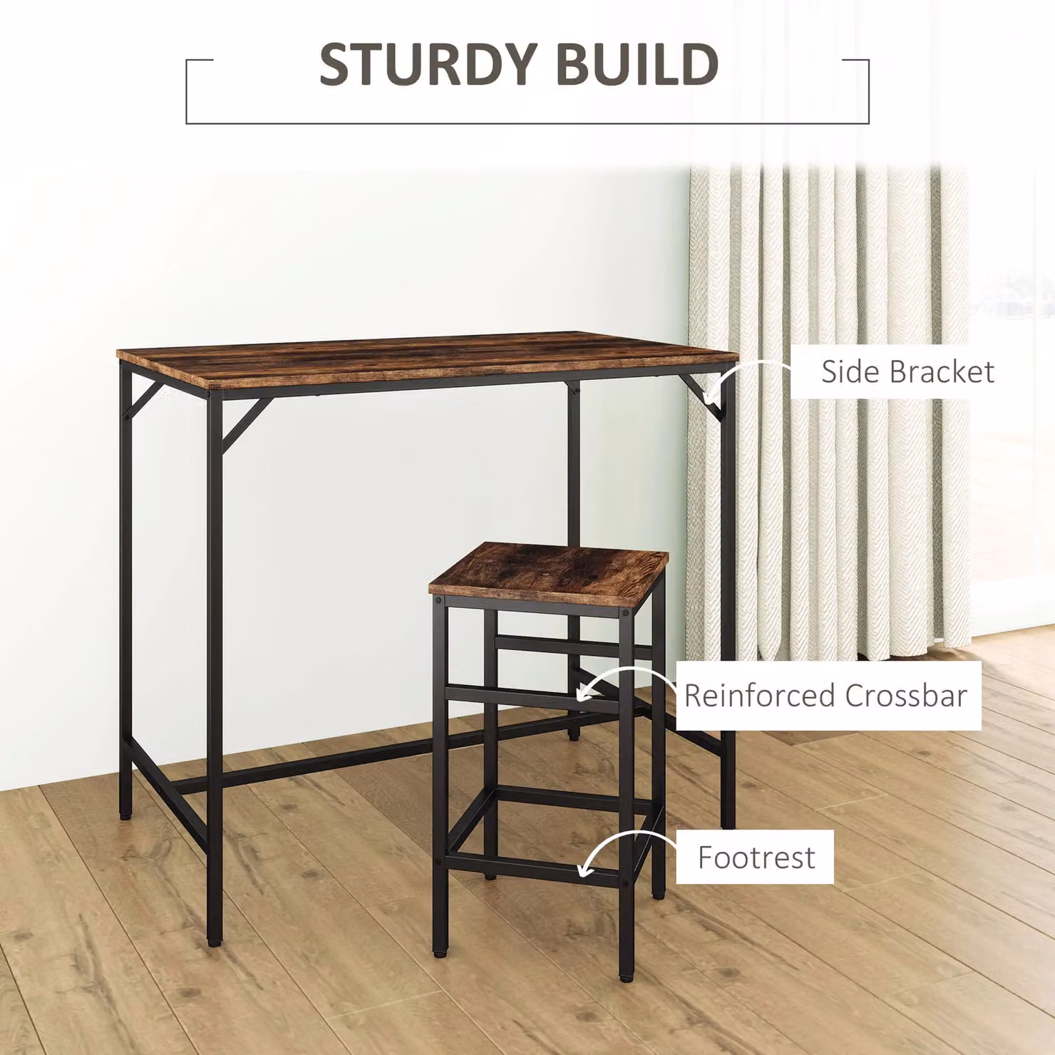 HOMCOM Industrial Rectangular Dining Set with 4 Stools in Black and Brown – 5