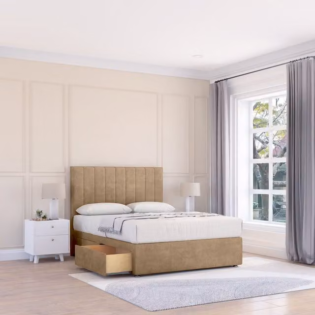 Sloomy Kansas Super King Divan Bed Base with Floor Standing Headboard in Light Brown Fabric, W/D/H: 200 x 200 cm