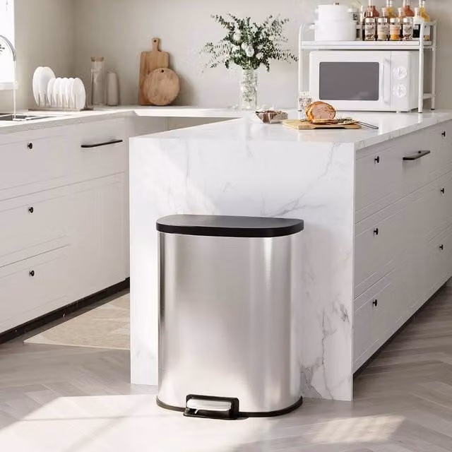 London Boutique 50L Stainless Steel Step Trash Can with Soft-Close Lid and Removable Inner Bucket, Silver