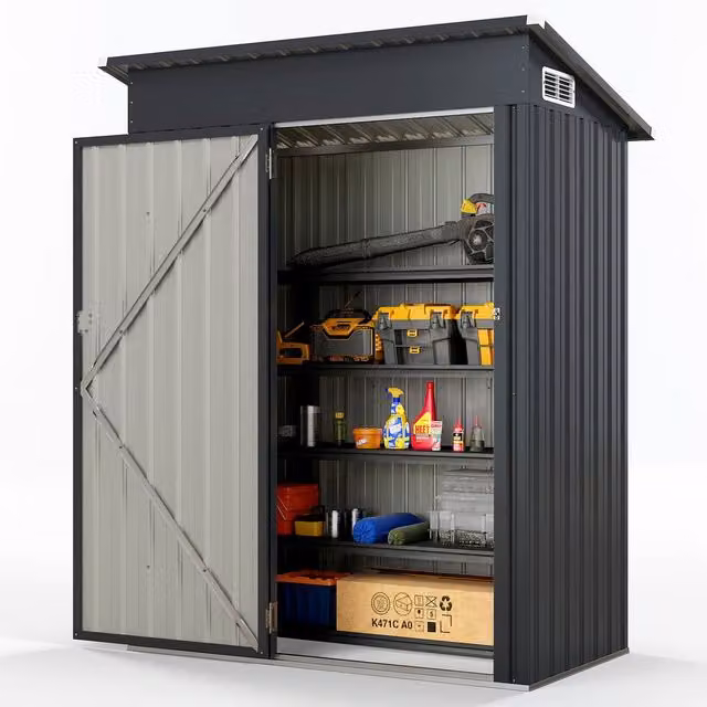 Gymax Pent Storage Shed and Tool House with Sloping Design in Dark Grey, Galvanised Steel Metal Frame