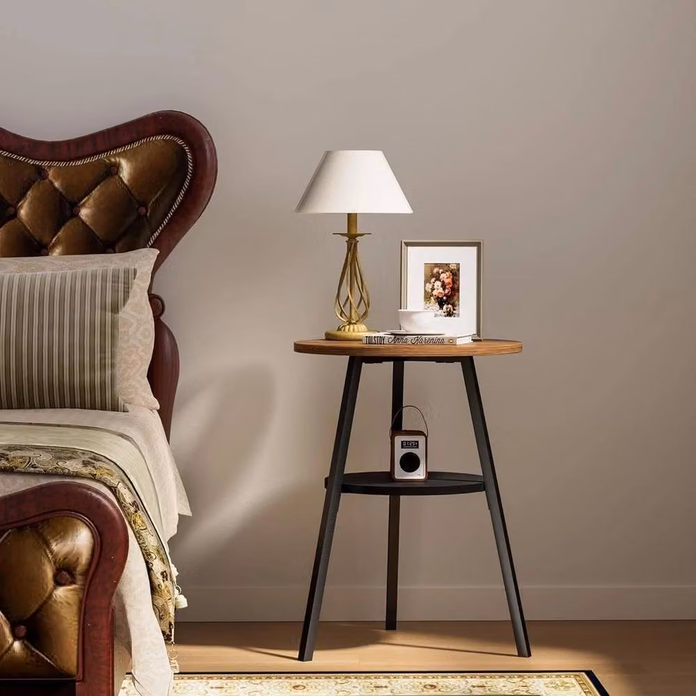 FORGEVIO Round 2 Tier Rustic Wood Side Table in Brown – 4
