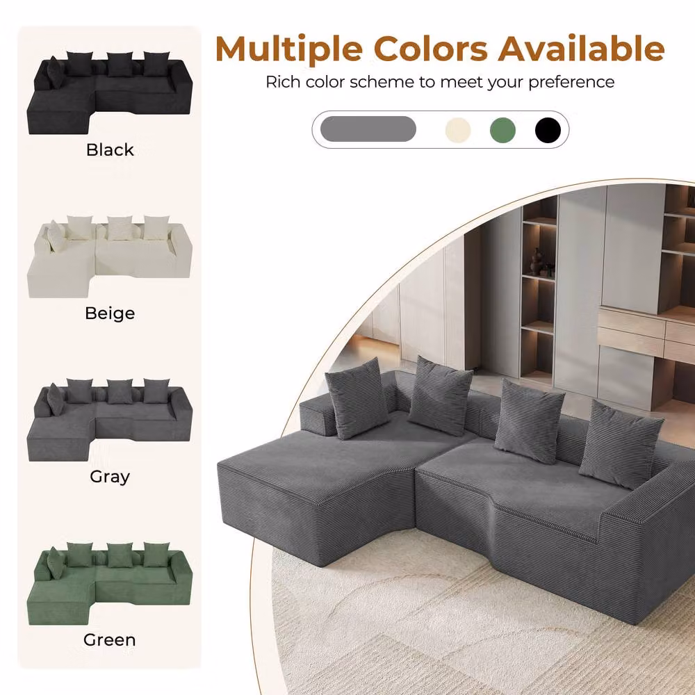 Dprodo Grey Corduroy Left-Facing L-Shaped Modular Sofa with Scatter Cushions – 7