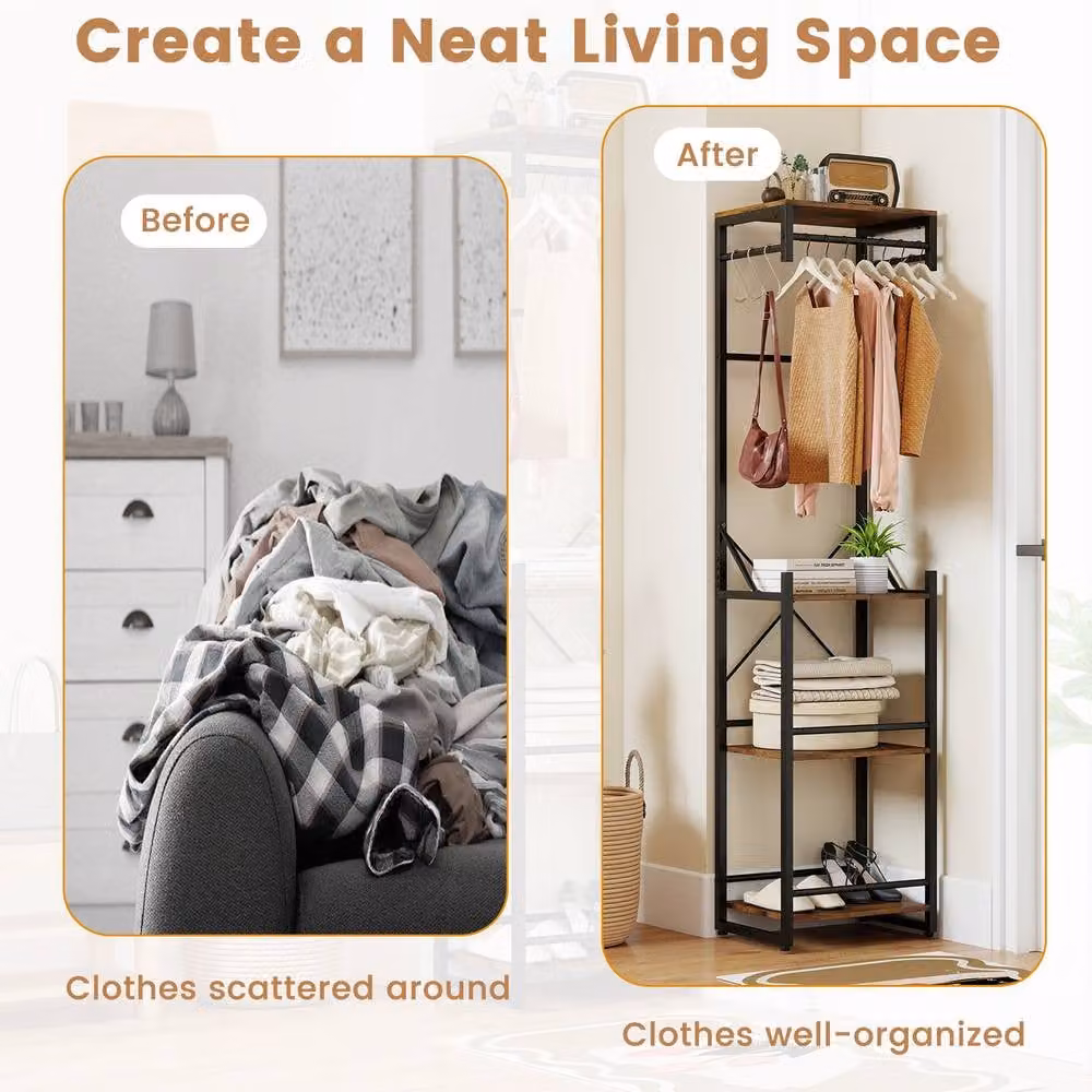 Costway Industrial Slim Hall Tree with Bench, 4 Storage Shelves and Hooks in Brown – 4