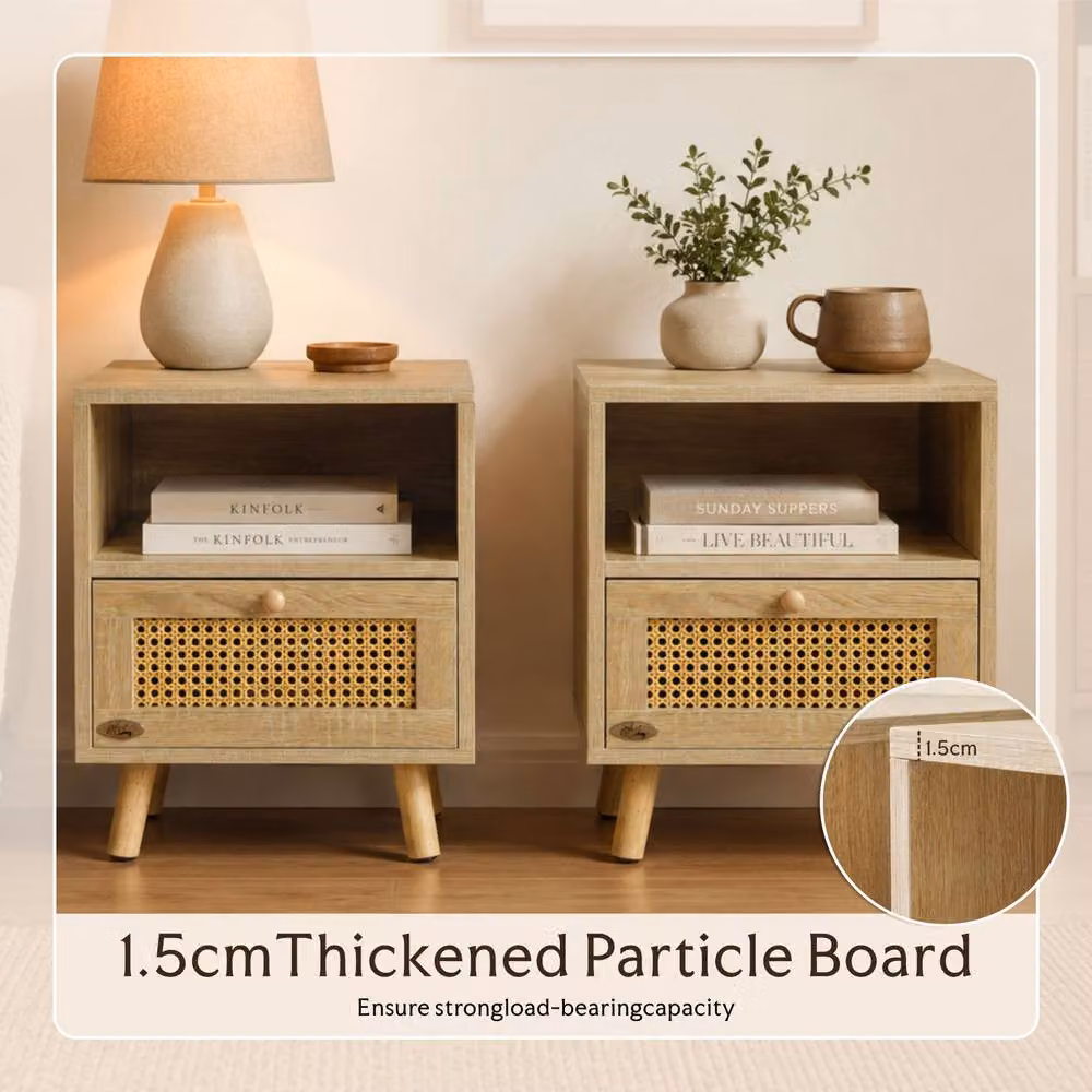 Abrihome Set of 2 Rattan Nightstand Cabinets with Storage Shelves in Sand Beige – 3