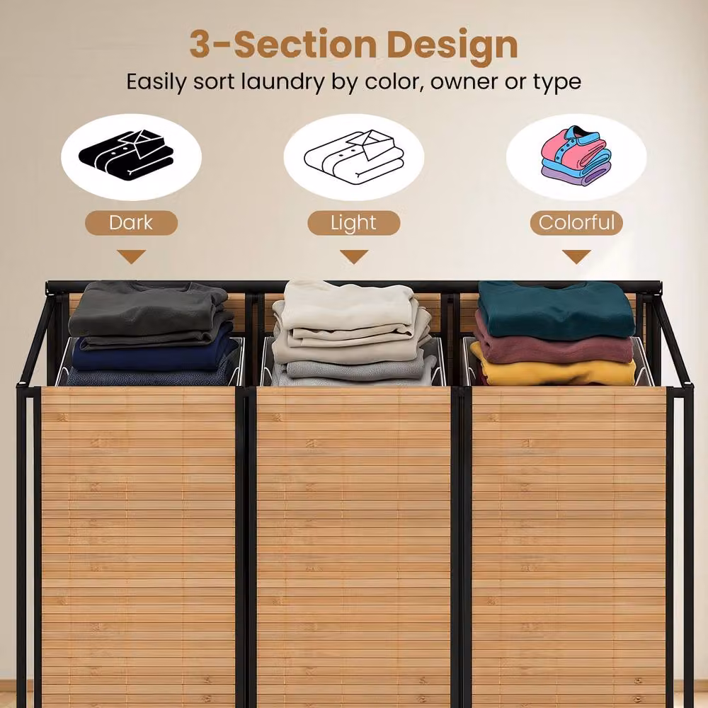 Costway 81L Bamboo 3-Section Rolling Laundry Hamper Sorter with Lid in Natural Brown – 4