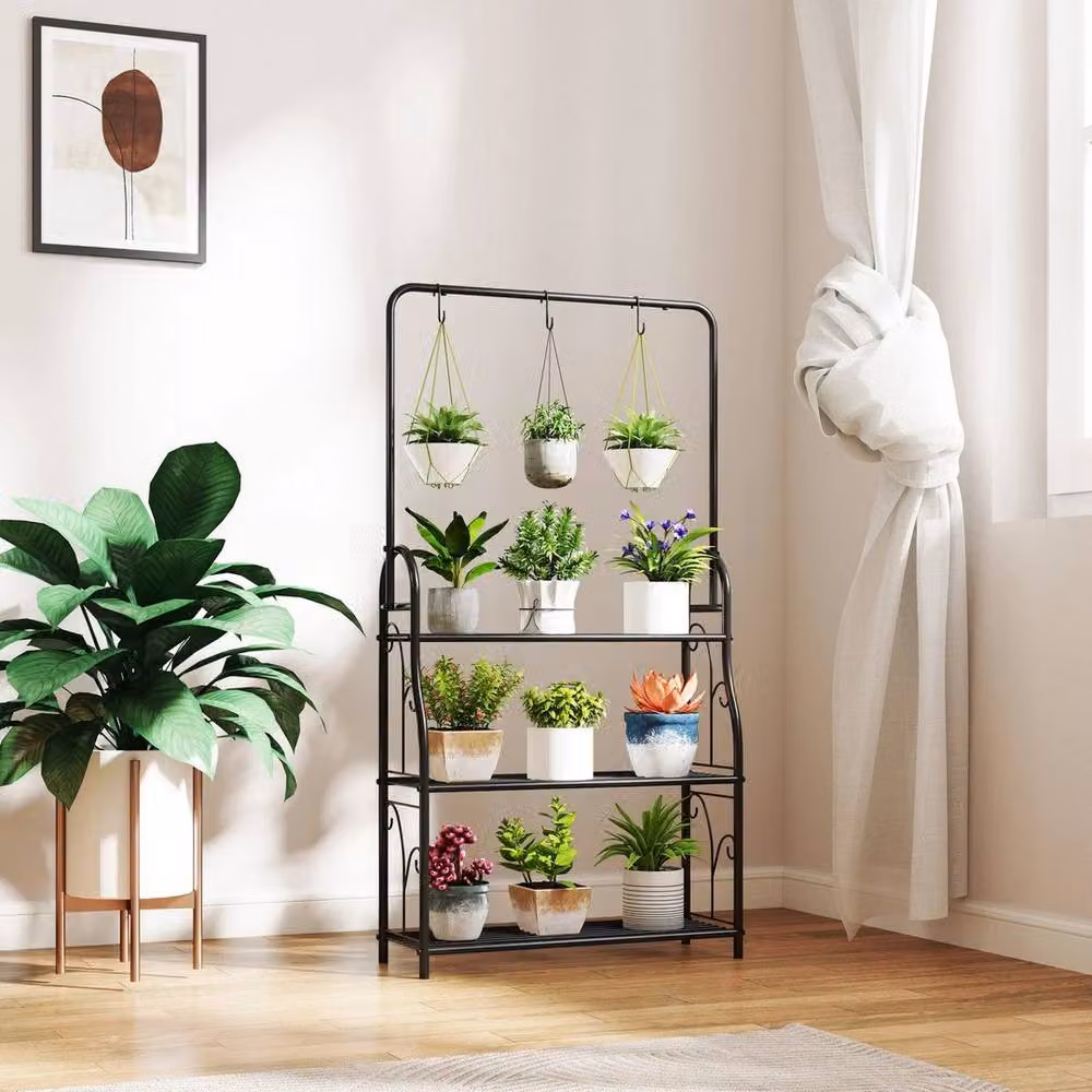 Kelvenix 3 Tier Metal Plant Stand with Hanging Rod in Matt Black, H 137.0 cm x W 75.0 cm x D 25.0 cm – 4