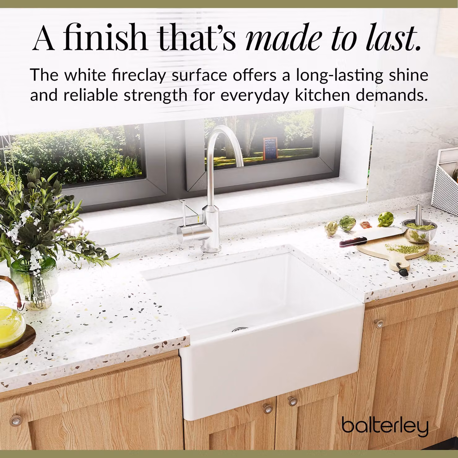 Balterley White Ceramic 1 Bowl Butler Kitchen Sink with Central Waste, W: 59.5 cm, D: 45 cm, H: 22 cm – 3
