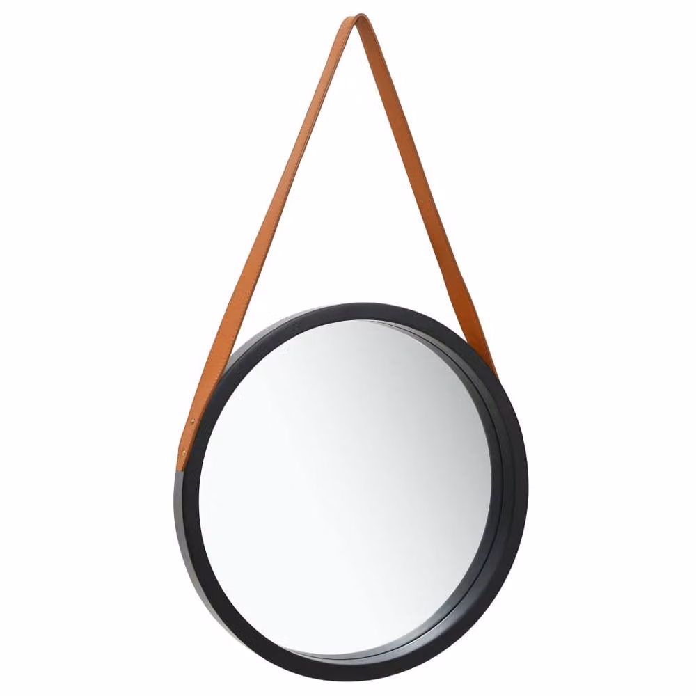 Berkfield Home Round Wall Mirror with Strap in Black and Brown, Diameter: 50 cm – 2