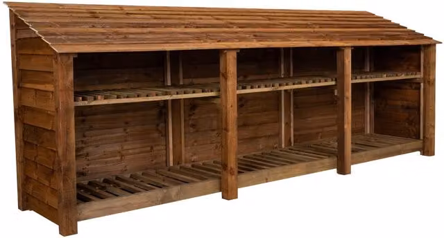 Arbor Garden Solutions Triple Bay Wooden Log Store with Kindling Shelf, Brown, W: 126 cm, H: 88 cm