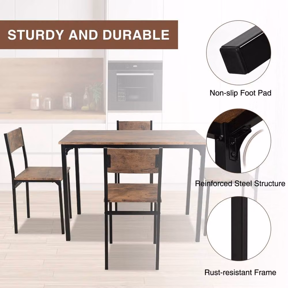 NESTLUNE 5 Piece Industrial Dining Table and Chairs Set in Brown and Black – 5