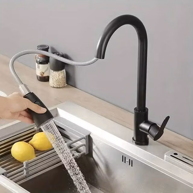 FORIOUS Matt Black Stainless Steel Single Lever Kitchen Sink Mixer Tap with Pull Out Spray Swivel Spout – 1