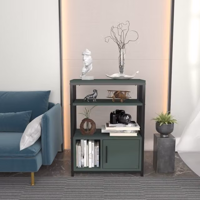 Decorotika Letos Industrial Bookcase with Metal and Wood Frame in Green and Black