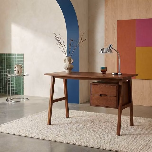 sweeek Modern Writing Desk with 2 Drawers in Dark Brown Oak and Rubberwood Veneer W/D/H: 120 x 60 x 76 cm