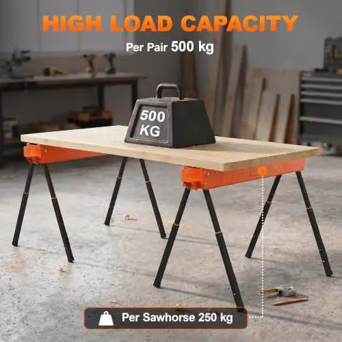 HOMCOM Twin Pack of Orange Metal Saw Horses with Height Adjustable Legs, 500 kg Capacity – 3