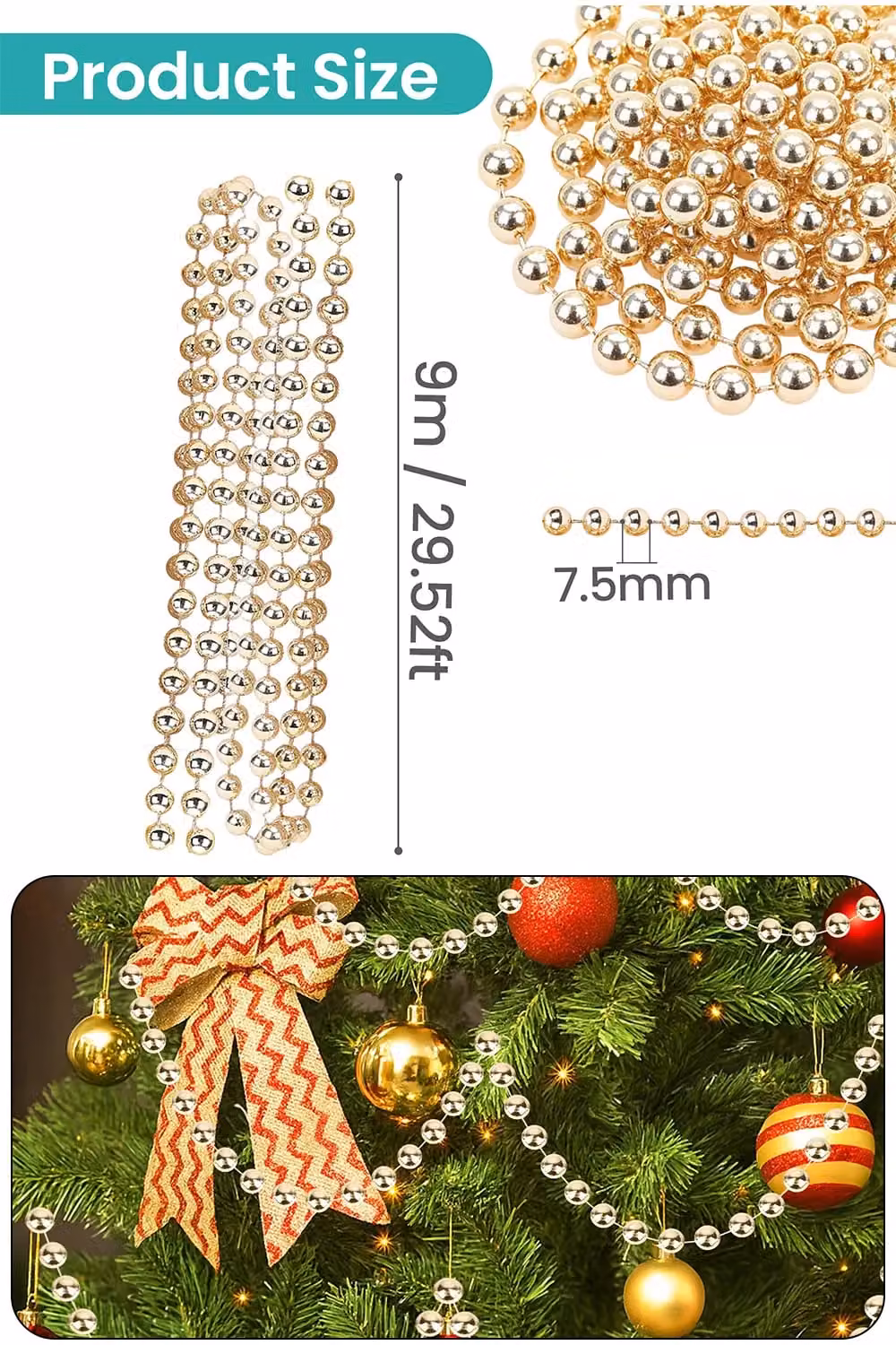 Neel Blue 9m Metallic Christmas Bead Chain in Blue and Bronze with 7.5mm Shiny Pearl Round Beads – 1