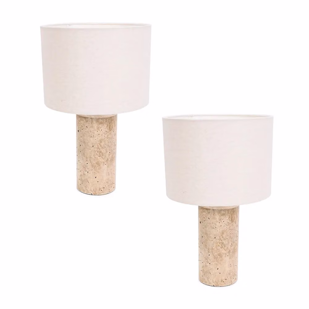 ValueLights Cloe Pair of Beige Marble Effect Table Lamps with Cylinder Fabric Shades – 2