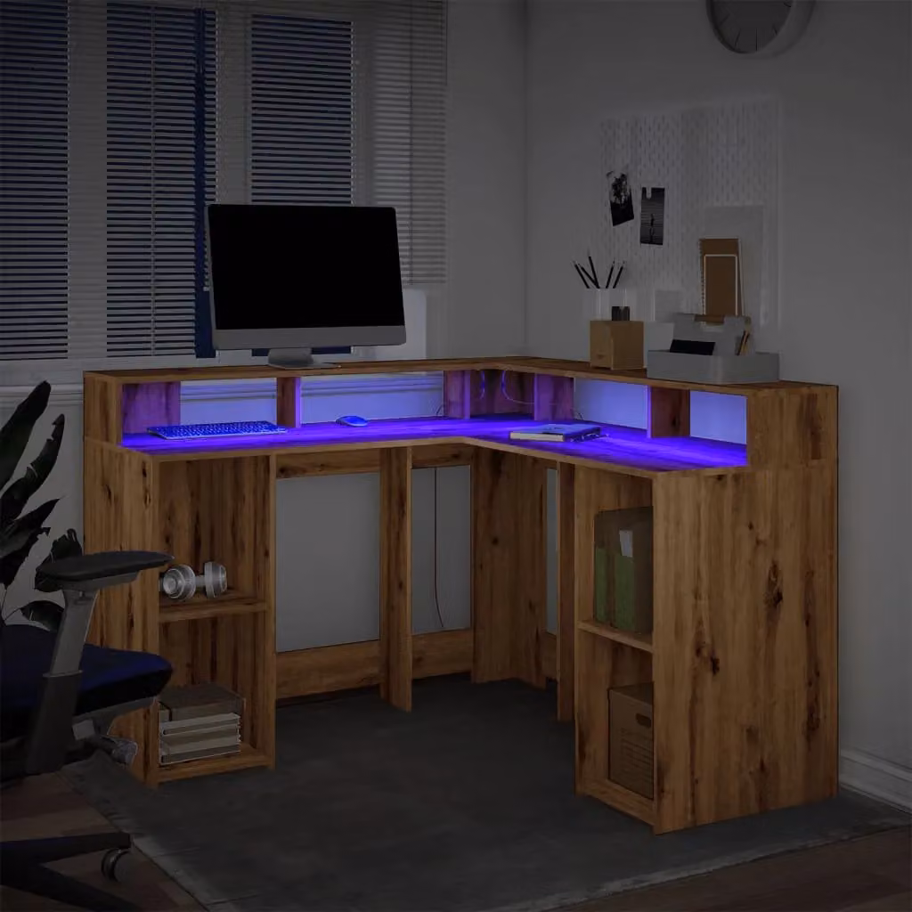 Berkfield Modern Corner Home Office Desk with LED Lights in Artisan Oak Brown, W/D/H: 130 x 130 x 91 cm – 4