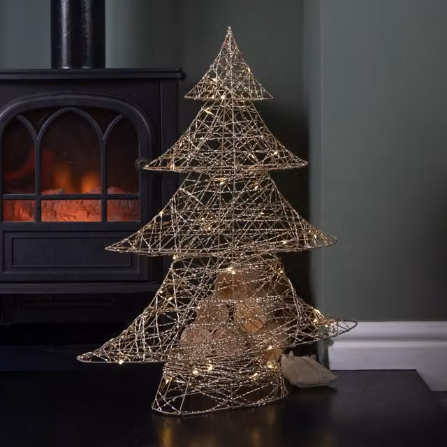 Samuel Alexander Gold Weave Geometric Christmas Tree with Warm White LEDs, Height: 60 cm