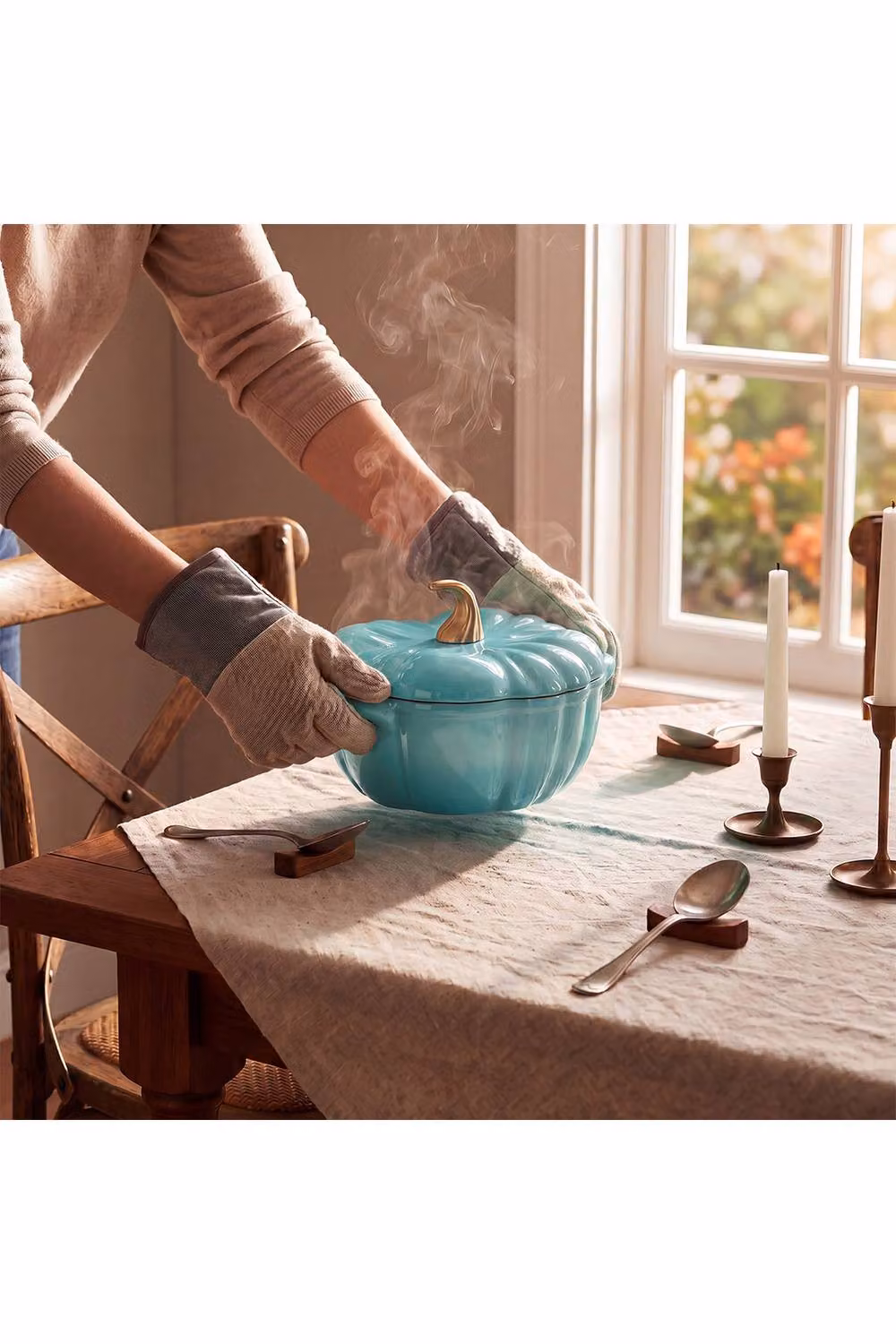 Living and Home Enamelled Cast Iron Pumpkin Dutch Oven with Lid and Handles in Turquoise – 4