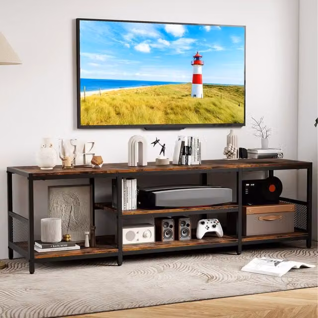 COSTWAY Industrial Media Console Table in Brown with Wood and Metal Design