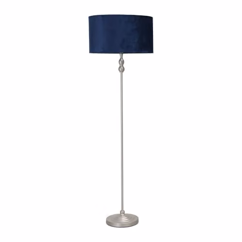 ValueLights Maggie Brushed Chrome Metal Floor Lamp with Navy Blue Fabric Drum Shade – 1