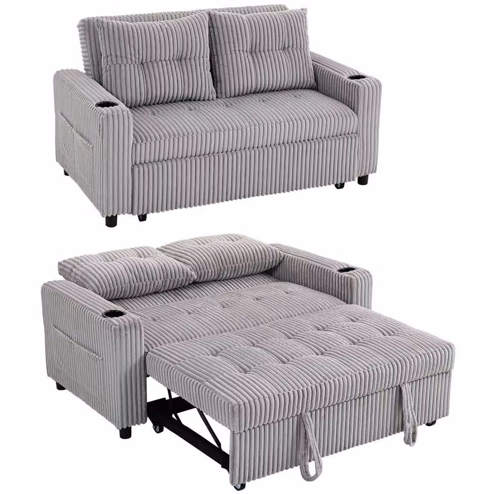 HOMCOM 2 Seater Click Clack Sofa Bed with Scatter Cushions, Light Grey – 2