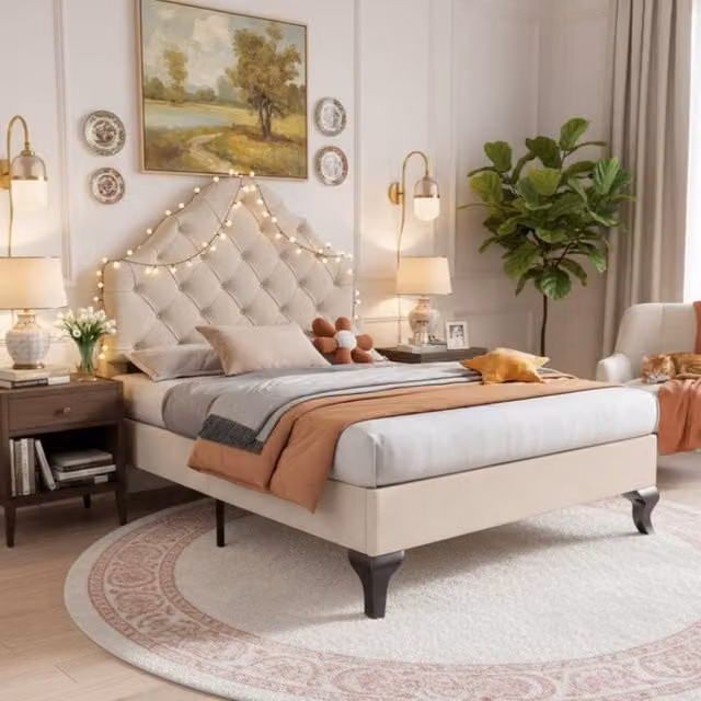ModernLuxe Upholstered Single Bed with Adjustable Headboard and Slatted Frame in Beige, W/D/H: 90 x 190 cm – 1