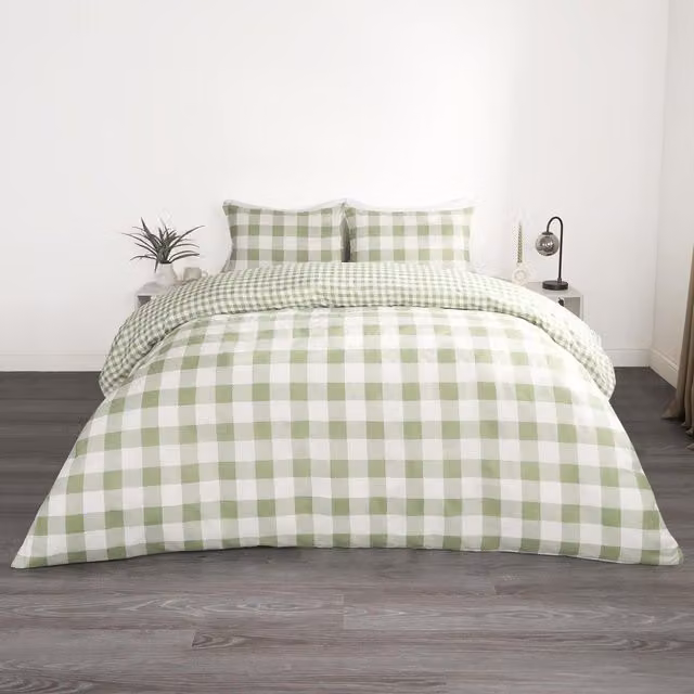 OHS Green Gingham Checked Duvet Cover and Pillowcase Set, W/D/H: 180 x 200 cm