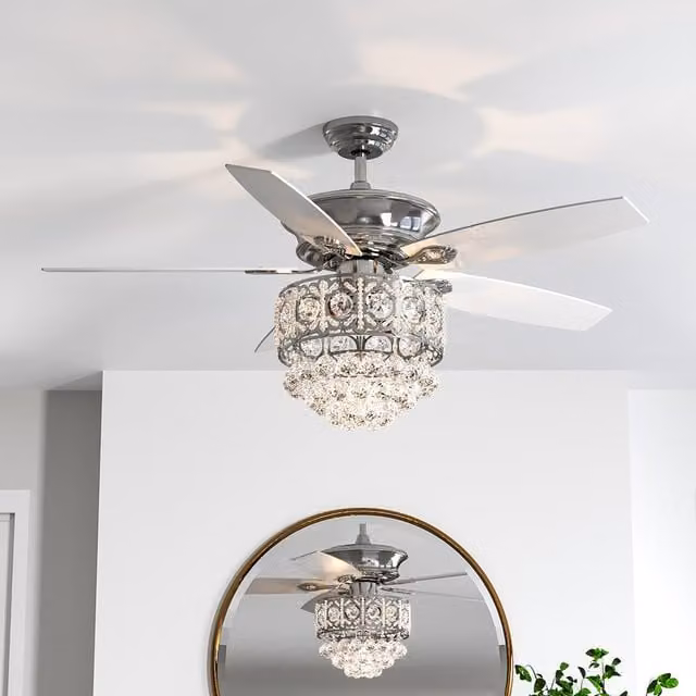 Livingandhome Chrome Ceiling Fan Light with Crystal Pendant Decoration
