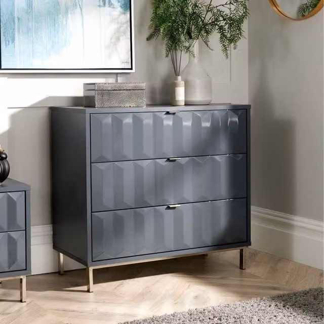 Home Source Siena High Gloss Modern 3 Drawer Chest Bedroom Storage Unit in Grey