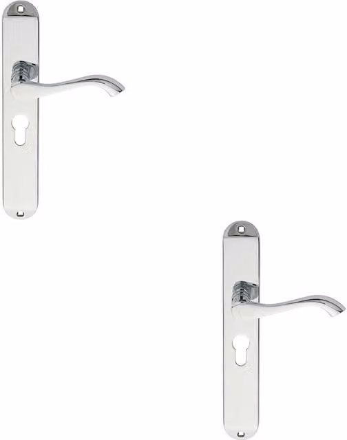 Loops 2x Pair Curved Lever on Long Slim Euro Lock Backplate in Polished Chrome, 241 x 40 mm