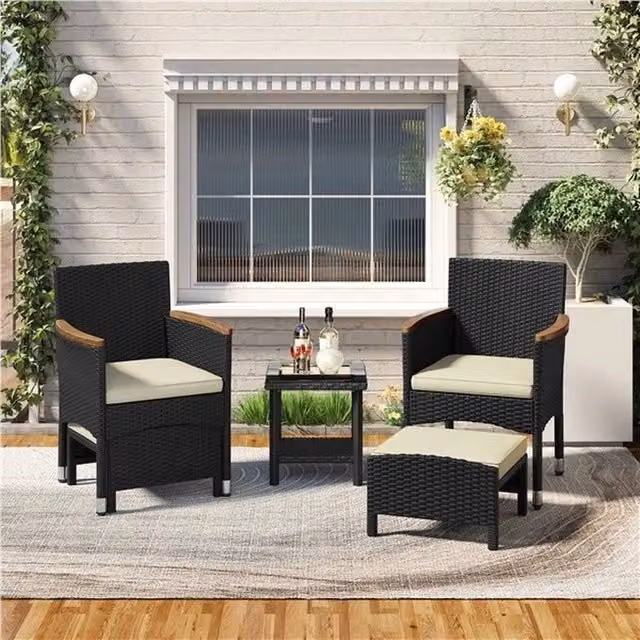 PAWNORA 5-Piece Modern Black Rattan and Acacia Wood Patio Furniture Set