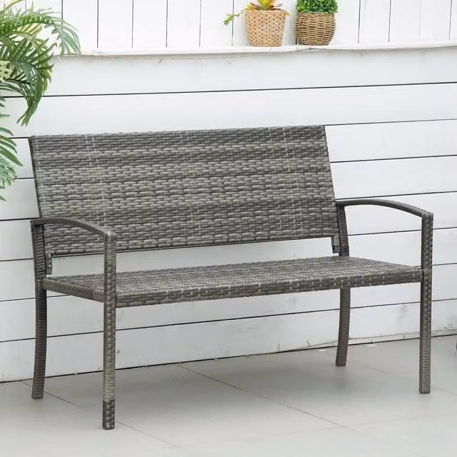 OUTSUNNY Grey Rattan 2 Seater Garden Bench Armchair