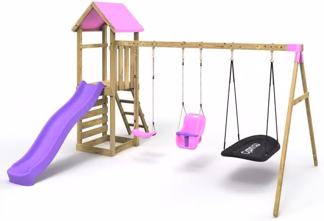 Rebo Wooden Climbing Frame with Triple Swing Play Tower and Slide in Pink
