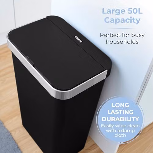 Tower Rectangular ABS Sensor Bin with Bin Liner Retainer Ring, 50L, Black, W/D/H: 38.0 x 26.0 x 63.5 cm – 4