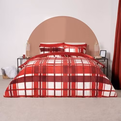 OHS Red Checked Teddy Fleece Christmas Duvet Cover and Pillowcase Set for Double Bed – 1